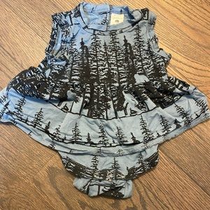 Kate Quinn Peplum Onesie- Bigfoot and trees print